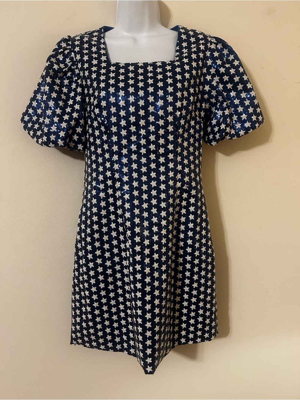 Blue B Collection Blue/White Star Sequin Puff Sleeve Short Dress